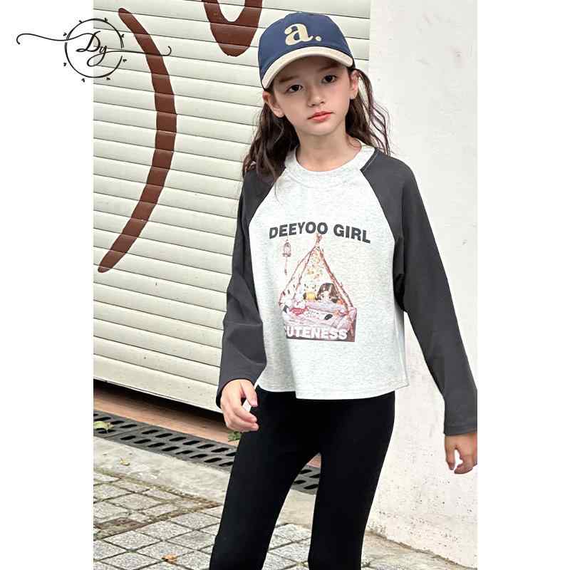 Tシャツ ガールズ 子供服 長袖 カットソー 春秋 大童サイズ ラウンドネック プリント 深グレー 綿(4)