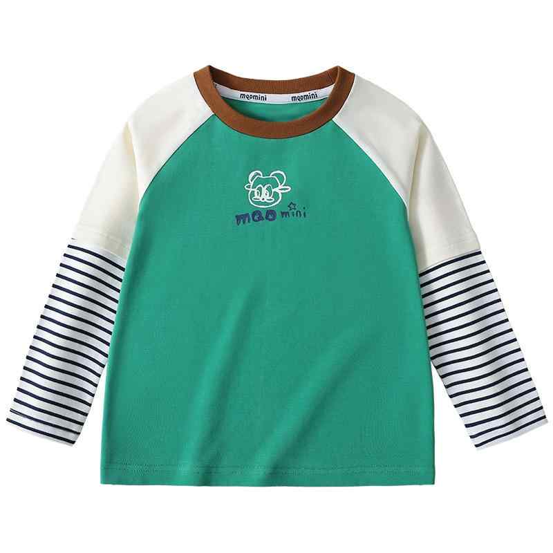 Tシャツ キッズ 長袖 ストライプ 切り替え クルーネック 子供服 トップス 春秋 綿混紡 深青 煉瓦色 翠..