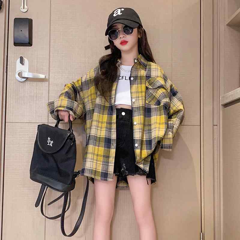 シャツ ガールズ チェック柄 長袖 薄手 子供服 女の子 秋物 学院風 トップス 綿 イエロー レッド 120 1..
