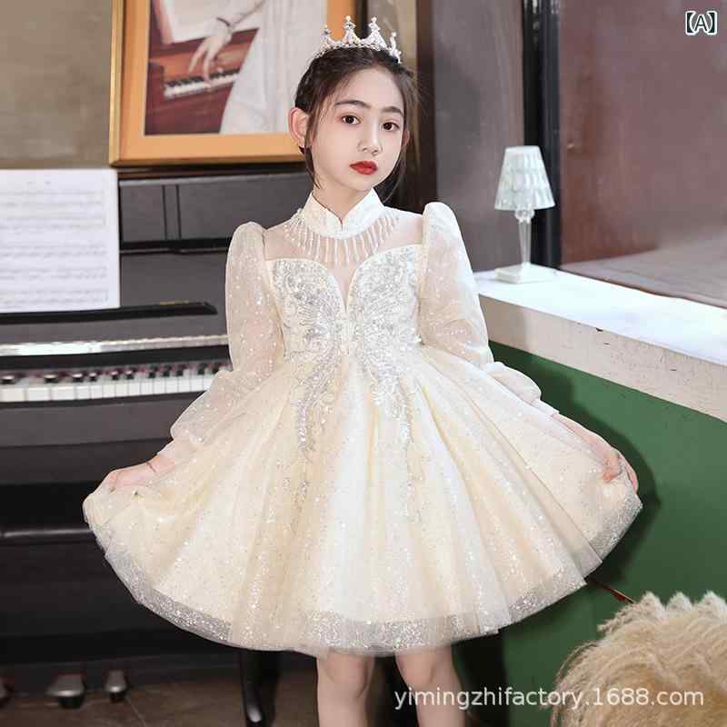 子供用フォーマルドレス 女の子 長袖 メッシュ 秋冬 プリンセス ピアノ 発表会 結婚式 パーティー Aライン ポリエステル シャンパン ホワイト 110cm 120cm 130cm 140cm 150cm 160cm