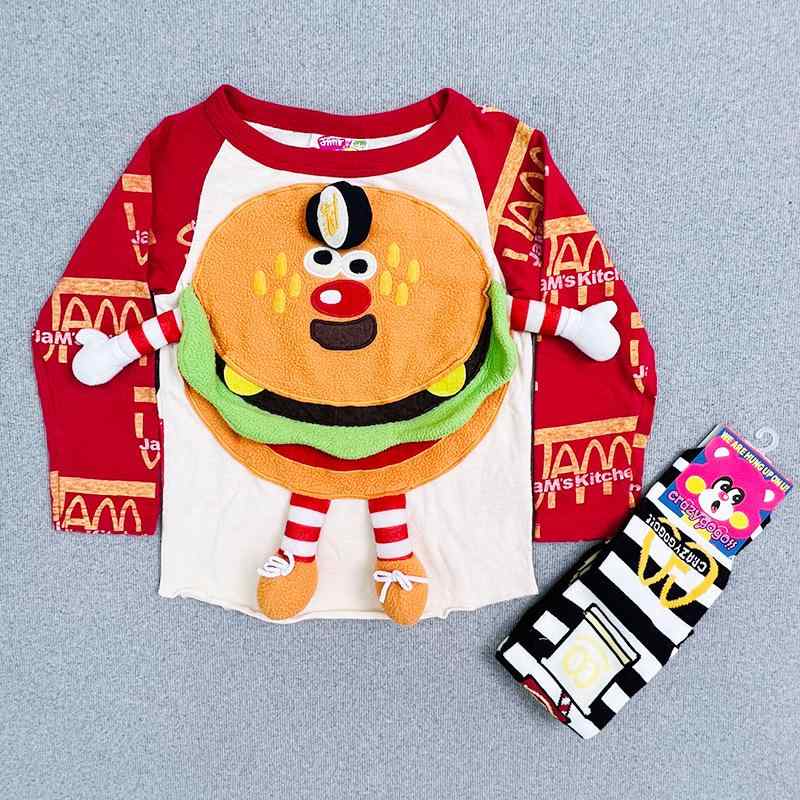 Tシャツ キッズ 子供服 長袖Tシャツ ハンバーガー柄 コットン100% トップス カットソー 春秋 冬 90cm 1..
