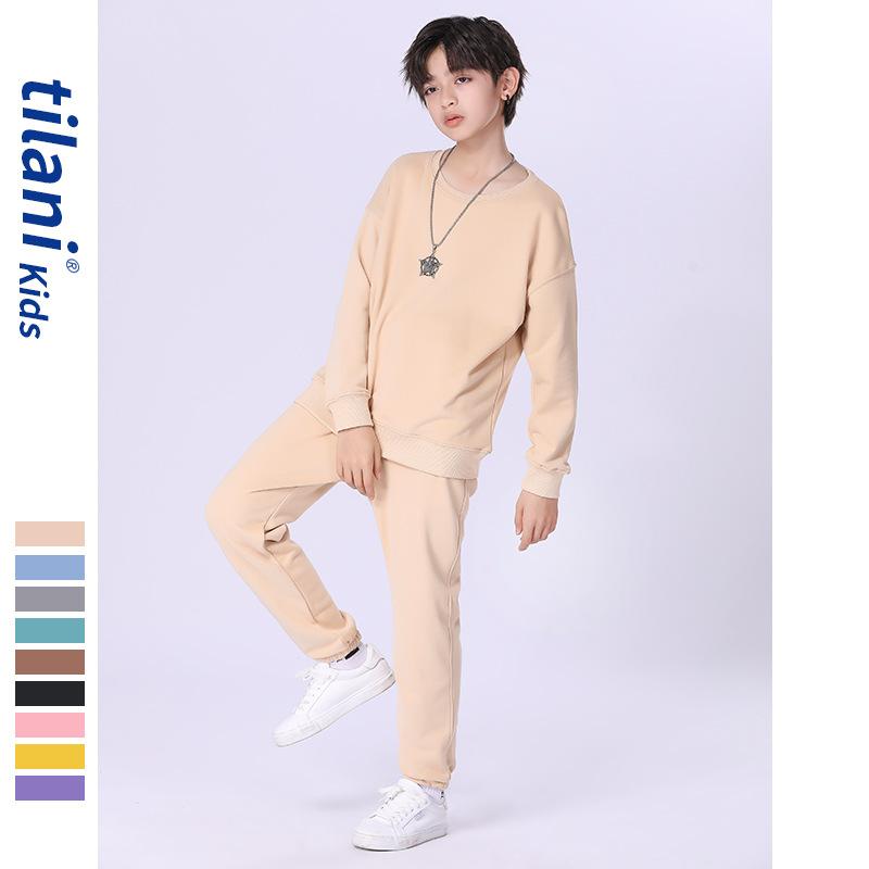 子供用セットアップ 長袖Tシャツ パンツ 上下セット 男女兼用 8歳以上 140cm以上 春秋 綿95％ 無地 イ..