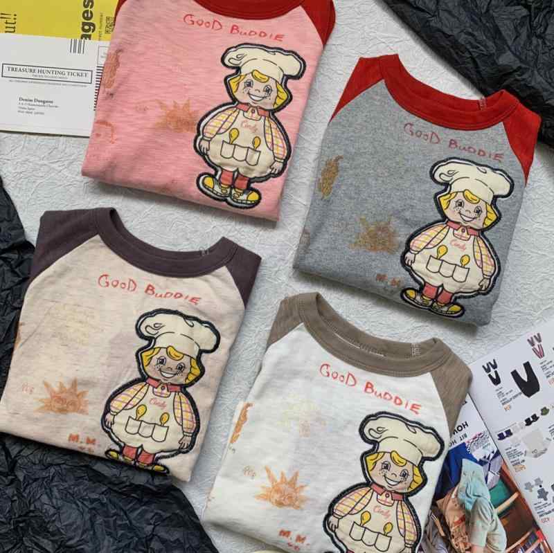 Tシャツ 親子 ペアルック 長袖 春秋 綿100％ シェフ 杏色 ホワイト ピンク系 グレー 90cm 100cm 120cm ..