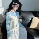 子供用セットアップ 春物 女児 Tシャツ ベスト 2点セット 再生繊維 普段着 ブルー系(4)