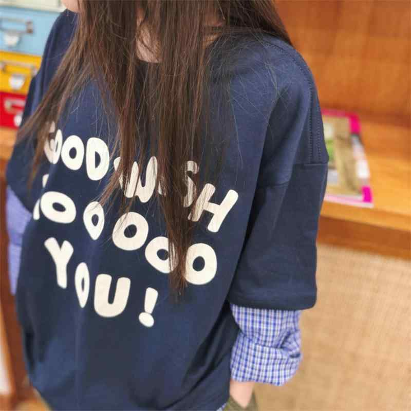 子供用Tシャツ 長袖 春秋 男女兼用 格子柄 切り替え アルファベット柄プリント 綿100% トップス(x2)