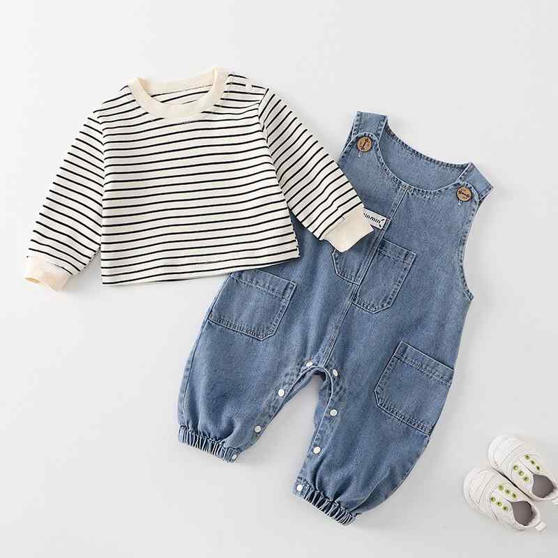 ベビー服 春秋 背带裤 セットアップ 男女兼用 子供服 デニム カバーオール ボーダー 長袖 Tシャツ 上下..