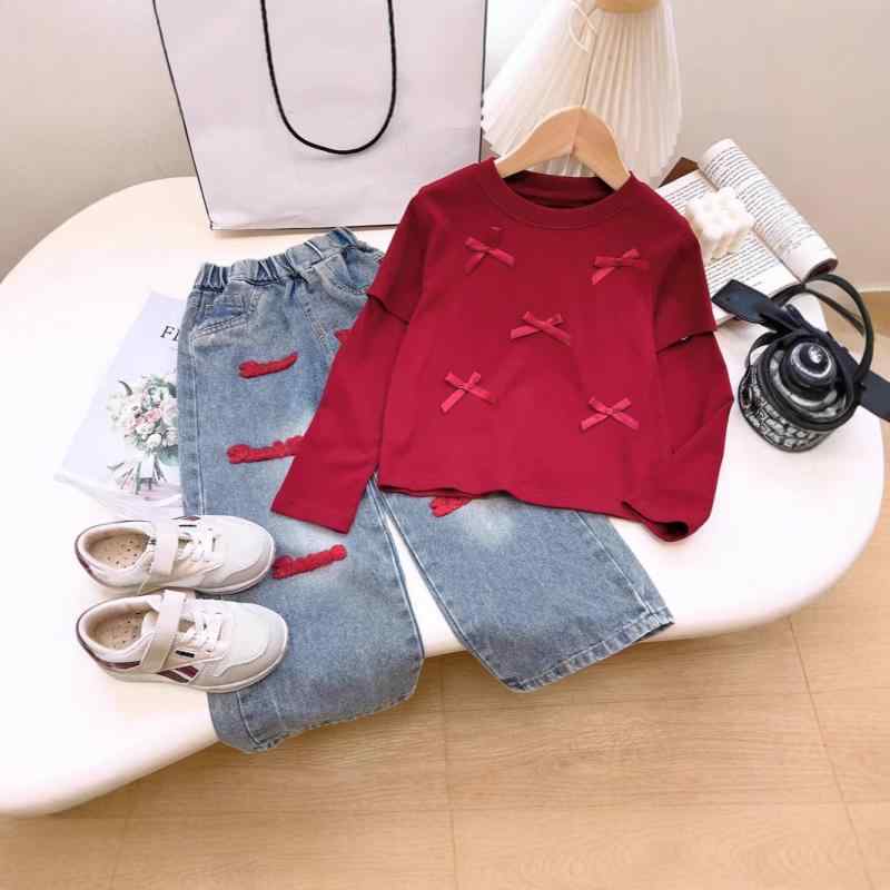 子供用セットアップ 長袖Tシャツ デニムパンツ 2点セット 春秋 女の子 キッズ バタフライ 蝶結び 綿100% 100cm 110cm 120cm 130cm 140cm 150cm レッド