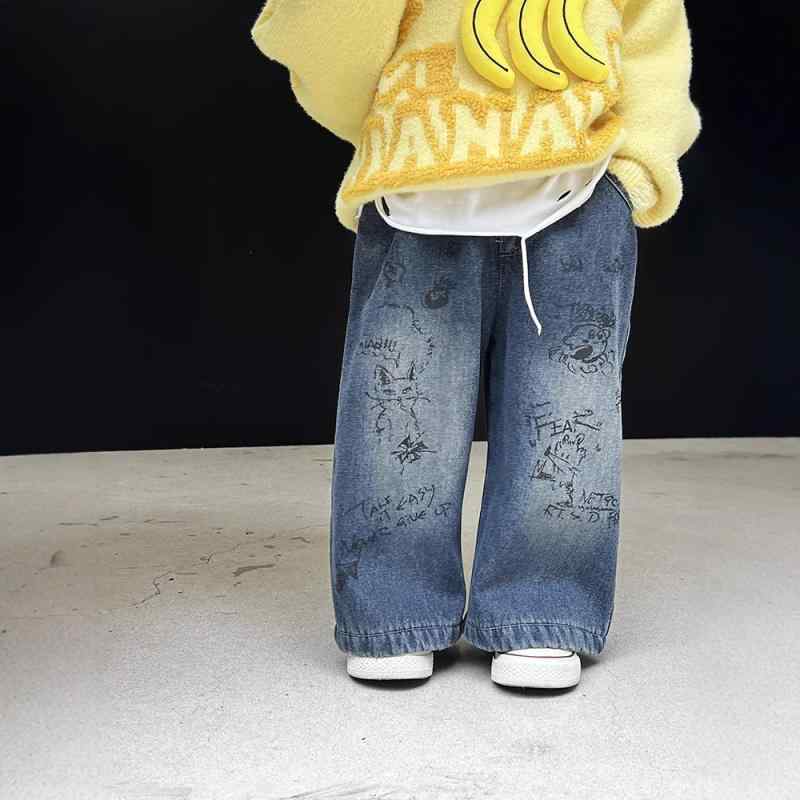 子供用ジーンズ 秋冬 子供服 落書き 裏起毛 ストレートパンツ 韓国風 おしゃれ かわいい ベビー 厚手 ..