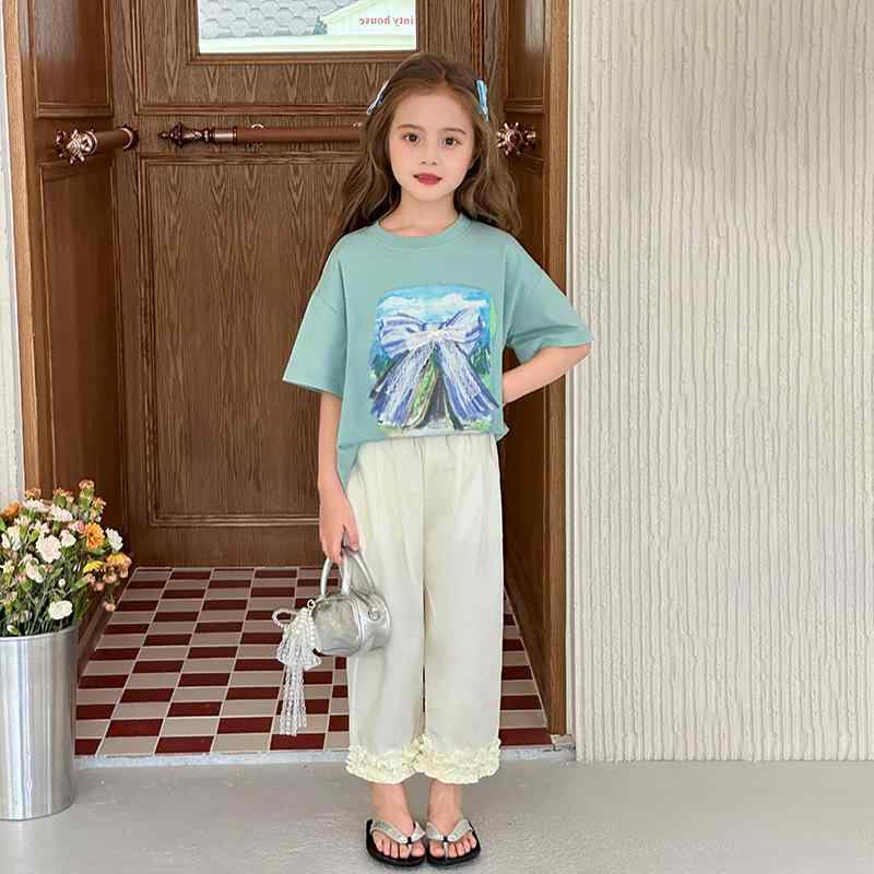 子供服 パンツ 女の子 夏物 コットン100％ ストレート ズボン 花柄 フリル ワイドレッグパンツ ガール..