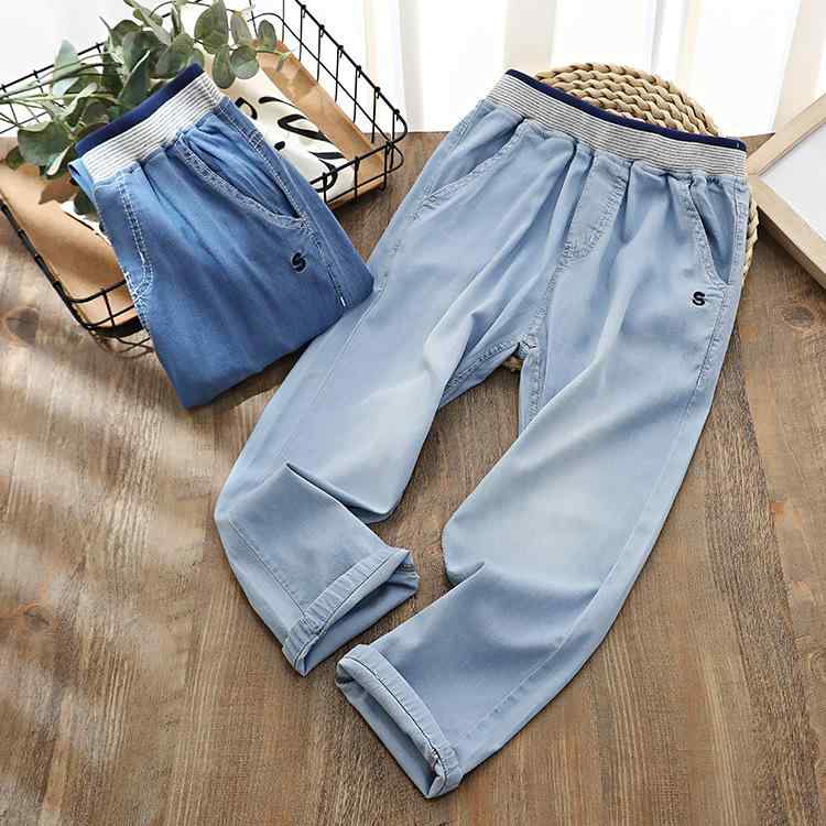 子供用パンツ キッズ 天竺デニム 防蚊 接触冷感 ロングパンツ 薄手 夏用 男の子 女の子 8歳以上 ブルー..