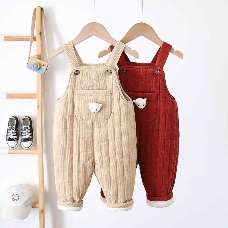 キッズ ベビー コーデュロイ サロペットパンツ 裏起毛 男女兼用 ロングパンツ かわいい 熊柄 冬 80 90 ..