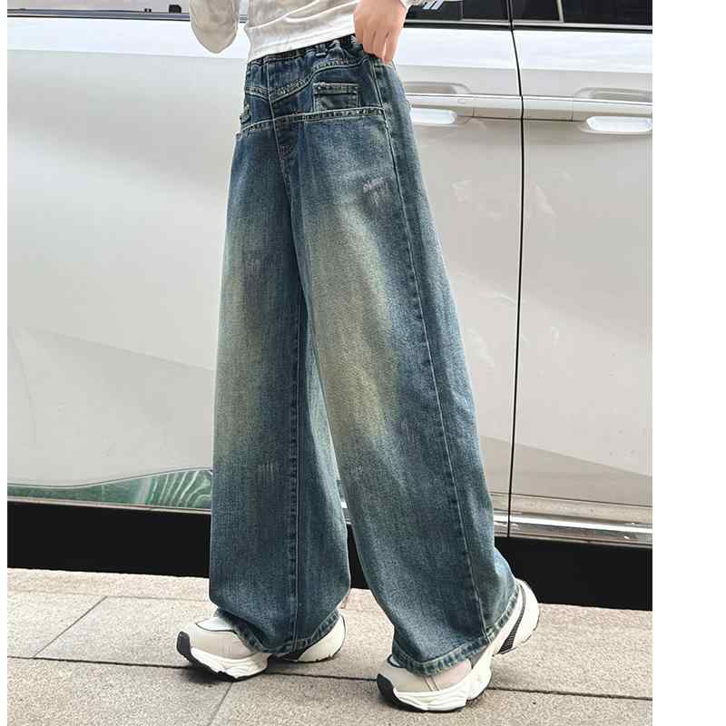 子供用ジーンズ 女の子 春秋 デニム ストレート ワイドレッグ ロングパンツ 8歳以上 コットン ブルー ..