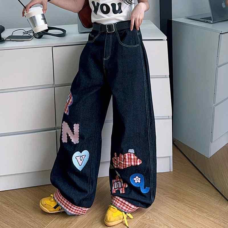 子供用ジーンズ 女の子 春秋 格子柄 切り替え デニム ワイドレッグパンツ ストレート ルーズ ロングパ..