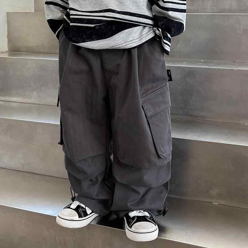 子供用 ワークパンツ 春秋 ズボン ボーイズ 秋物 カジュアル ワイドレッグパンツ 綿100% 中小子供 深灰