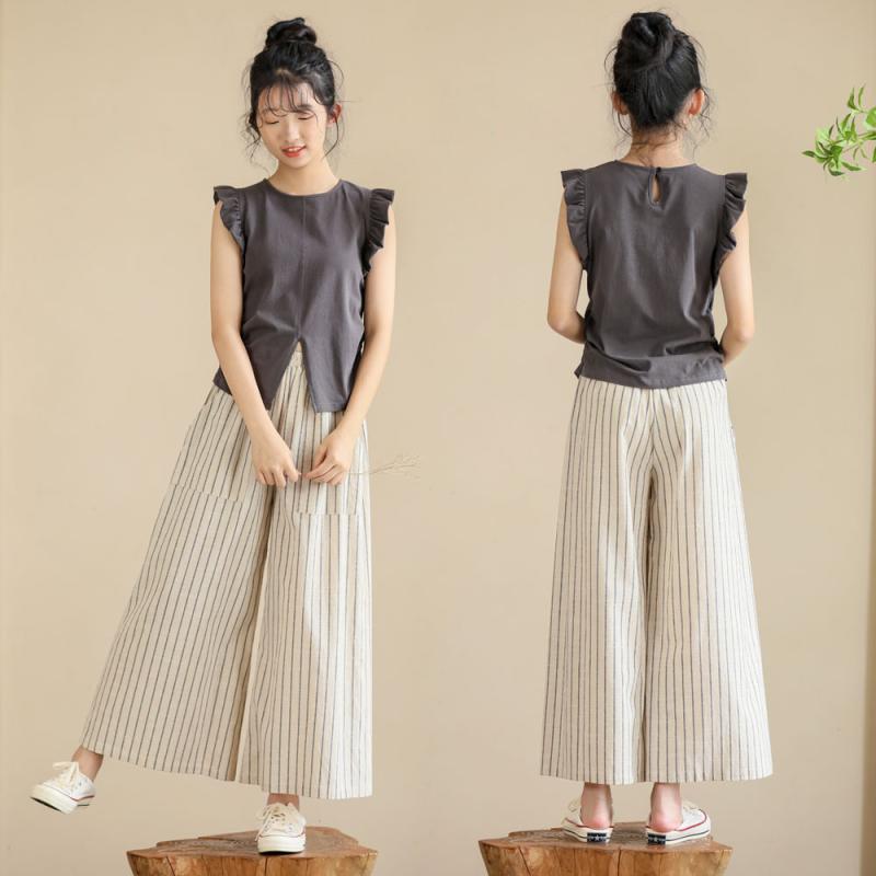 子供服 パンツ 女児 ワイドレッグパンツ ストライプ柄 コットンリネン 高学年 ジュニアサイズ ルーズフ..