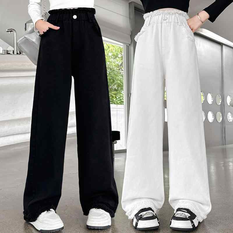 子供服 女の子 デニム ワイドパンツ 春秋 カジュアル パンツ 長ズボン 白 黒 ガールズ 女児 キッズ ジ..