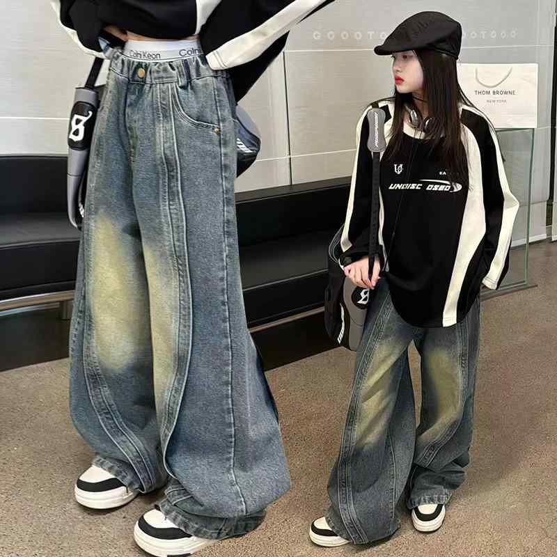 子供服 デニムパンツ ガールズ ワイドレッグパンツ 春秋 高学年 女の子 切り替え ロングパンツ ゆった..