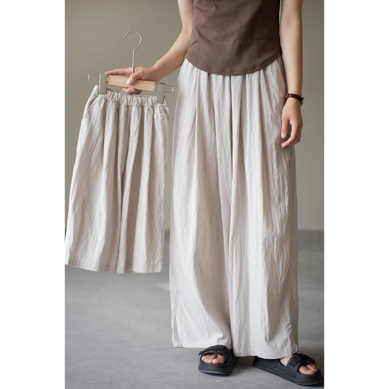 親子パンツ レディース キッズ 子供用 しわ加工 長ズボン 薄手 リラックスパンツ 粘纖混紡 ウエストゴ..