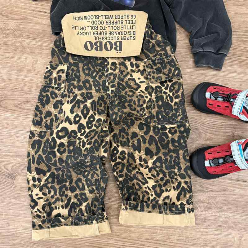 キッズ ヒョウ柄 ワークパンツ 春秋 男の子 女の子 カジュアル ロングパンツ カーキ色(x3)