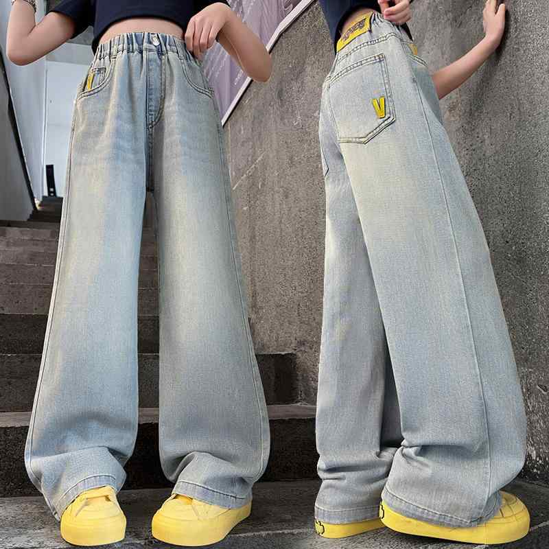 子供服 デニムパンツ ガールズ 女の子 ワイドレッグパンツ 薄手 夏物 コットン混紡 ブルー 130cm 140cm..