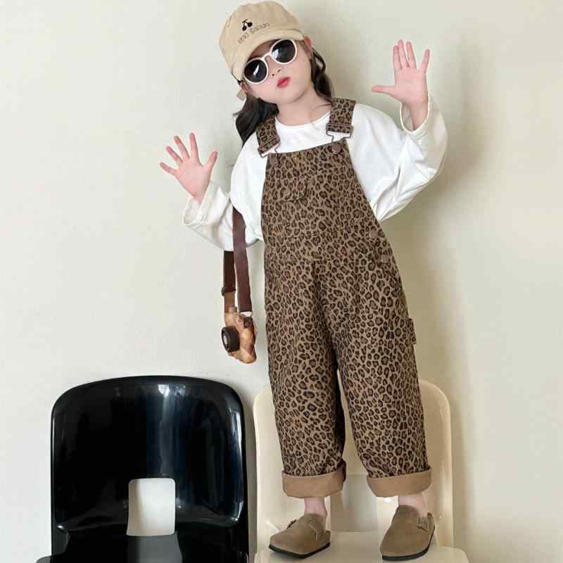 キッズ オーバーオール ヒョウ柄 サロペットパンツ 子供用 コットン 秋物 男女兼用 長ズボン 90cm 100c..