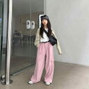 子供服 ガールズ パンツ ワイドレッグパンツ ロングパンツ 女児 ズボン ポリエステル混紡 伸縮性 ウエストゴム ポケット付き 普段着 ブラック ピンク系 13...