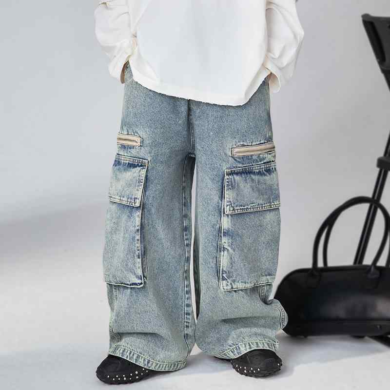 子供服 キッズ 男の子 パンツ デニムパンツ 春秋 中厚手 ウエストゴム ストレート 普段着 通学着 伸縮..