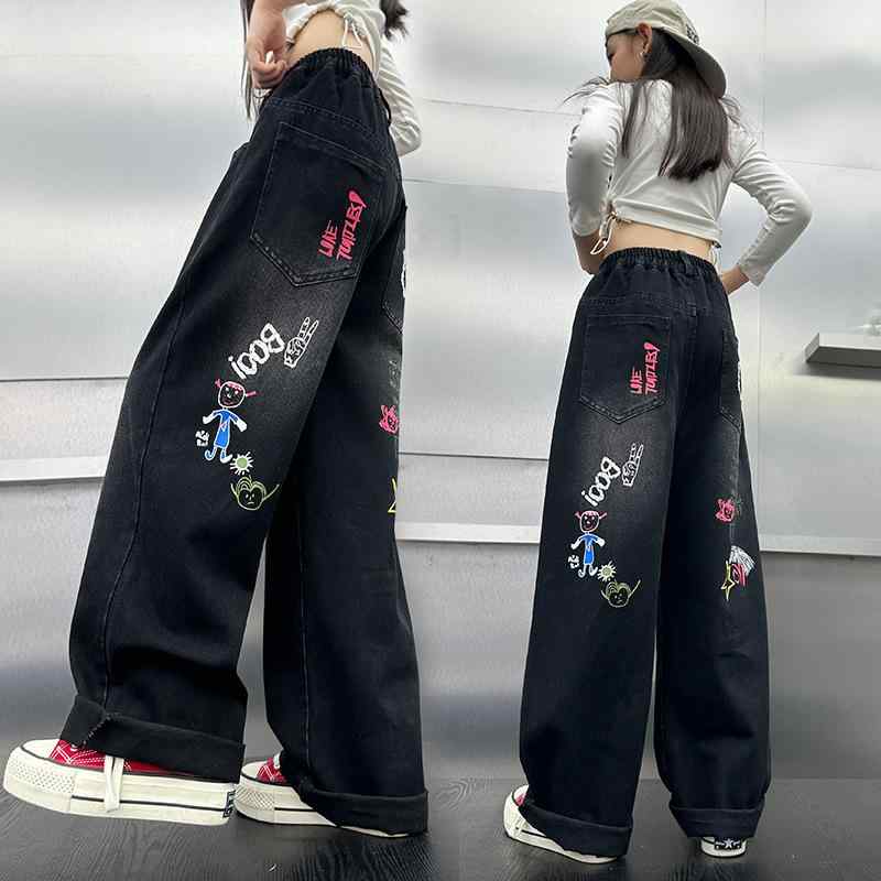 子供用ジーンズ 春秋 ワイドレッグパンツ 男女兼用 ストリートスタイル グラフィティプリント ルーズフ..