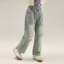 子供用ジーンズ ガールズ デニムパンツ ストレート ゆるシルエット 破れ加工 穴あきデザイン カジュアル B類 コットン 柔らかい 普段着 春夏秋 90 100...