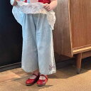子供服 ガールズ デニム ワイドパンツ 夏物 薄手 女児 女の子 幼児 小学生 9分丈 ズボン 涼しい かわいい おしゃれ ブルー(x3)