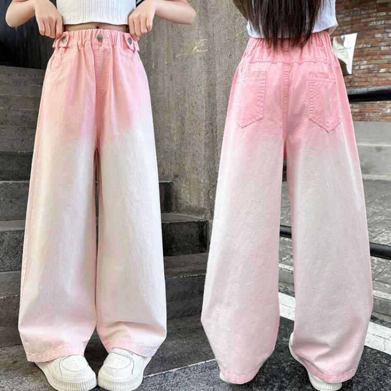 子供用パンツ 女の子 夏用 薄手 グラデーション デニム ワイドレッグパンツ ズボン ガールズ カジュアルパンツ 女児 長ズボン 8歳以上 キッズ ジュニア 140cm以上 ピンク系 コットン 柔らかい 中ウエスト B類