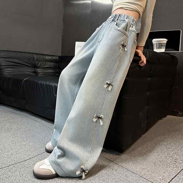 子供服 デニムパンツ ガールズ ワイドレッグパンツ ストレートパンツ 春秋 中厚手 ポリエステル かわい..