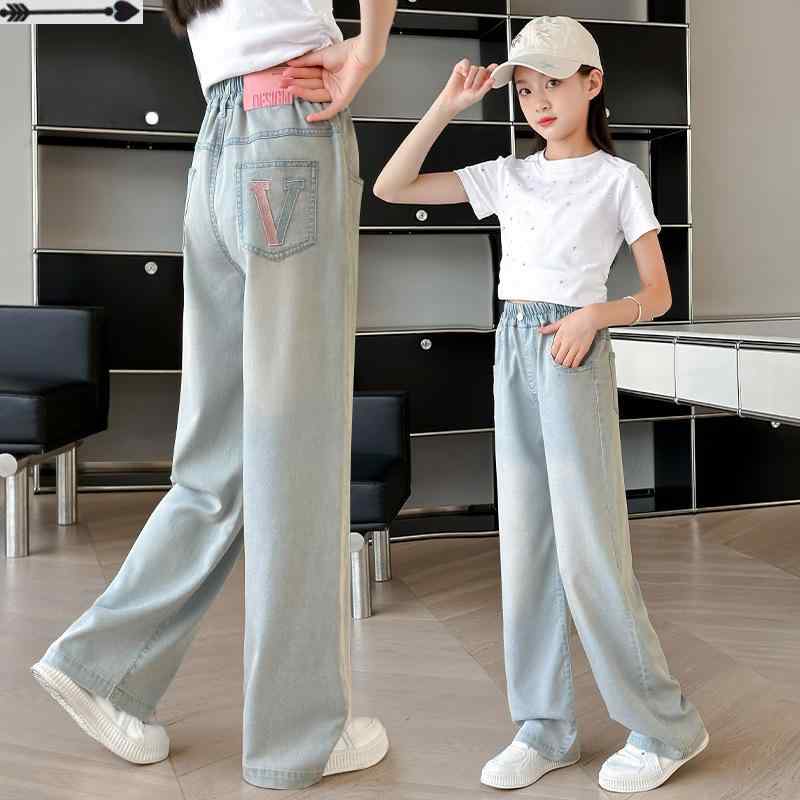 子供服 デニムパンツ ガールズ 薄手 ワイドレッグパンツ 天使の綿 高学年 女の子 夏 ロングパンツ ジー..