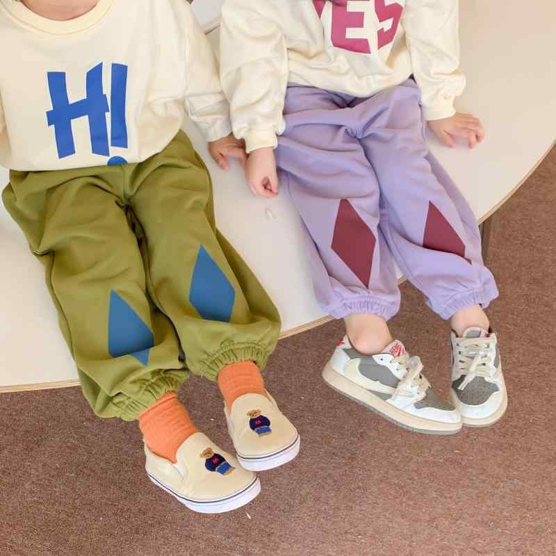 キッズ パンツ 秋冬 子供服 男女兼用 菱形柄 コットン 運動着 スウェットパンツ 長ズボン パープル グ..