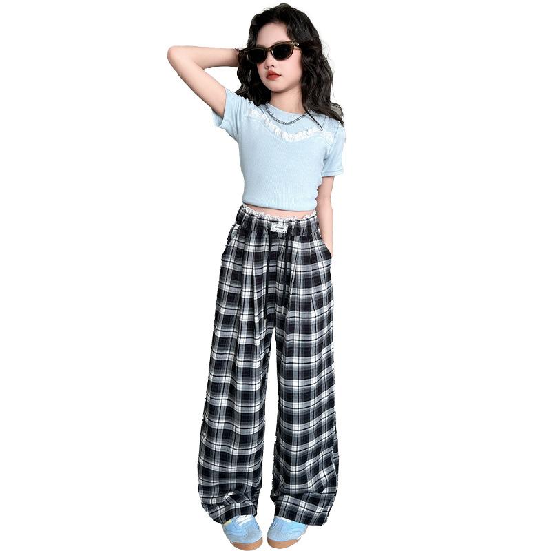 子供服 パンツ 女の向け 薄手 ワイドレッグパンツ 中学生 高校生 カジュアルパンツ チェック柄 コット..