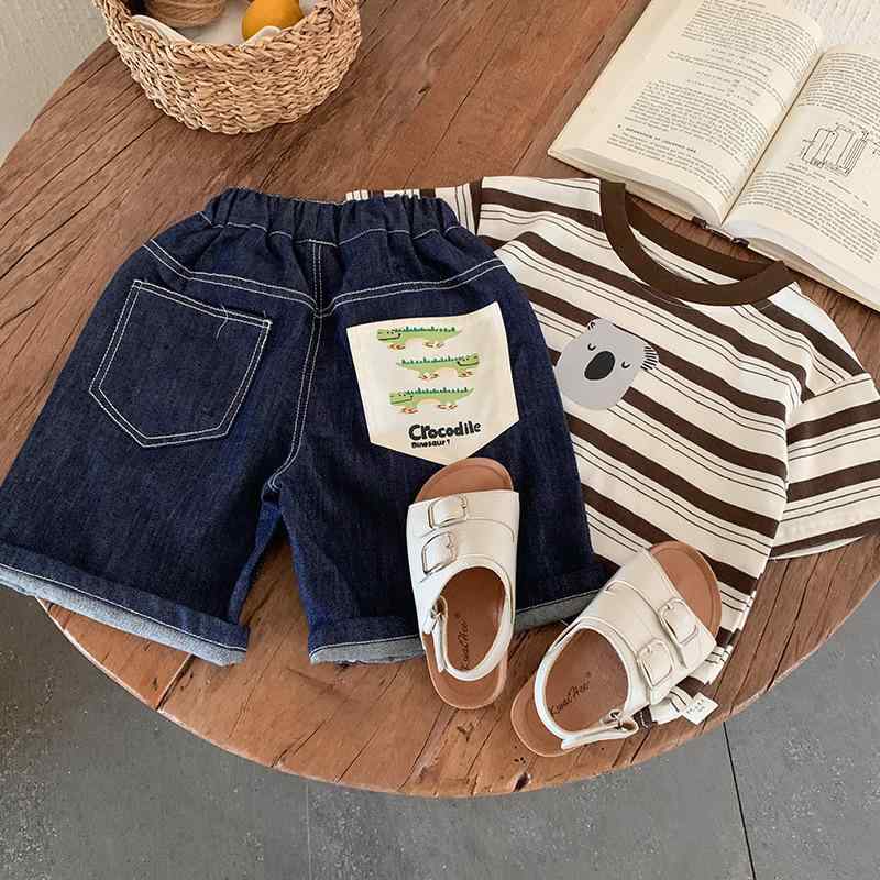 キッズ デニム ショートパンツ 夏物 男女兼用 カートゥーン アップリケ ポケット付き 中小 детская コ..