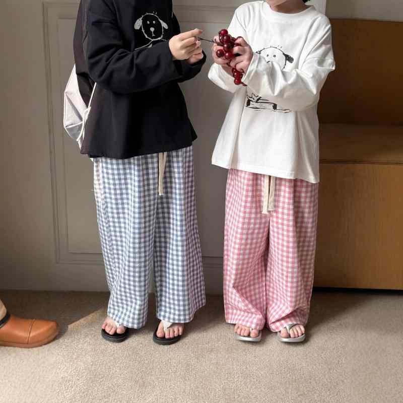 子供服 ガールズ 格子柄 ワイドレッグパンツ 春物 コットン カジュアルパンツ ゆったり ストレートパン..
