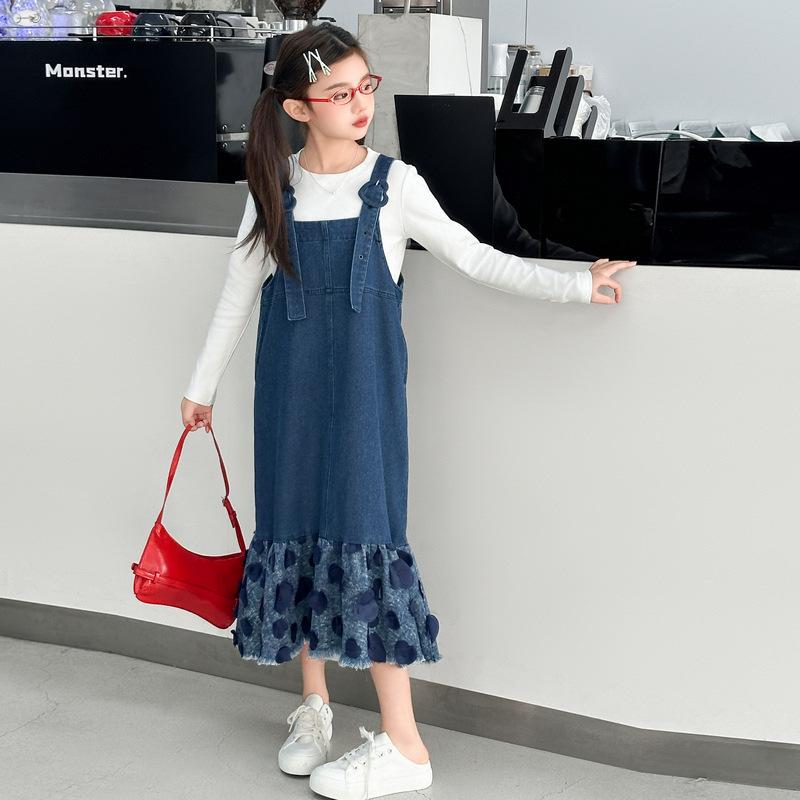 子供服 セットアップ 女の子 デニム サロペットスカート 長袖 Tシャツ 2点セット 春秋 かわいい ガールズ ジュニア 普段着 通学着 韓国風