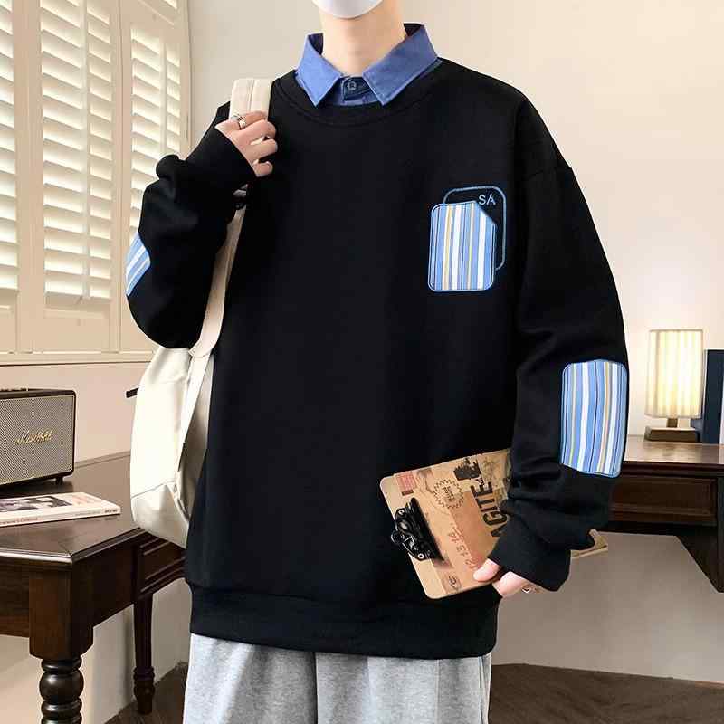 Tシャツ メンズ 長袖 ティーン 中学生 高校生 フェイクレイヤード プルオーバー 春秋 薄手 幾何学模様 ..