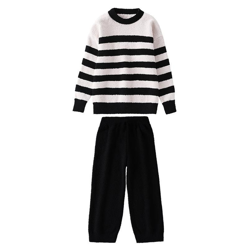 子供用パジャマ 長ズボン 上下セット 大半辺ベルベット 秋冬 長袖 ストライプ 女の子 中大キッズ 120cm..