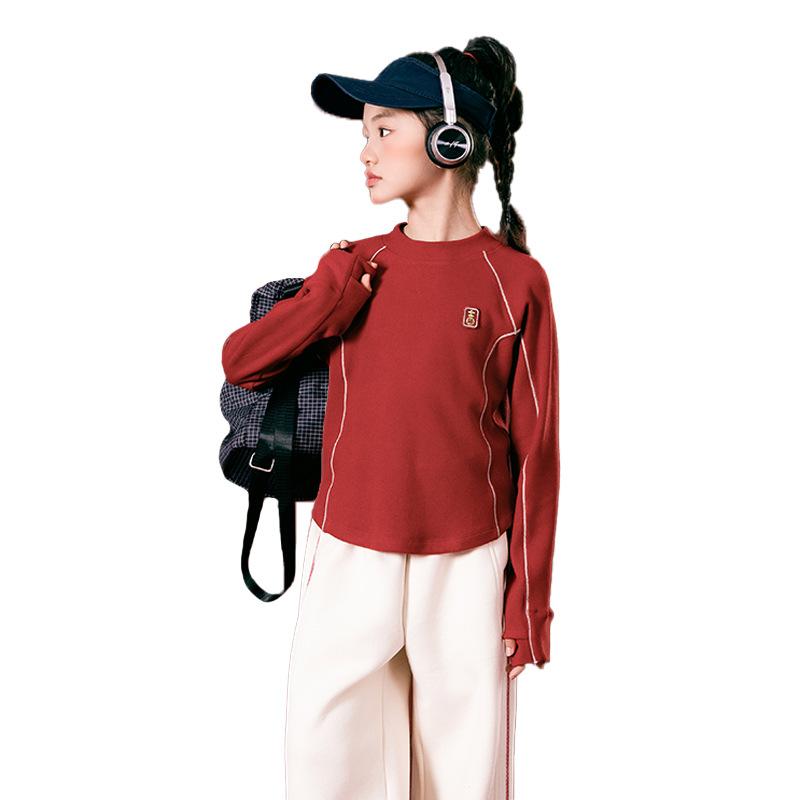 Tシャツ キッズ 女の子 長袖 トップス 中国赤色 無地 親子コーデ あったか素材 カジュアル 120cm 130cm 140cm 150cm 160cm 170cm