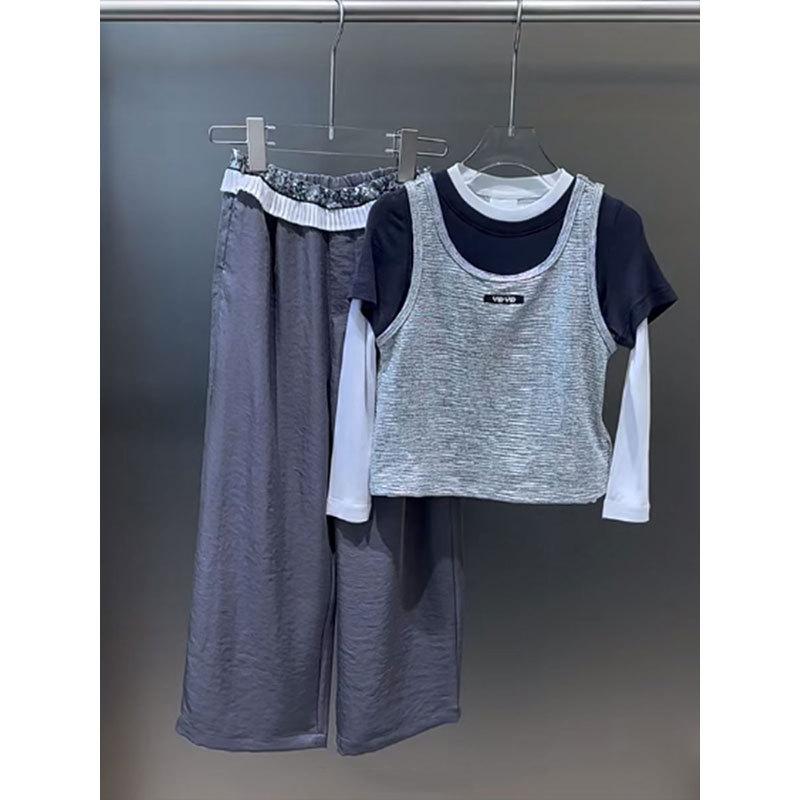 Tシャツ 女の子 長袖 春夏 子供服 トップス 重ね着風 グレー 無地 吸湿速乾(x2)