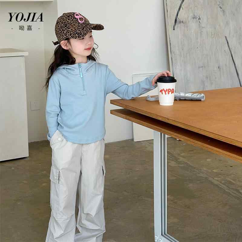 Tシャツ キッズ 女の子 子供用 トップス 長袖 春秋 薄手 かわいい 無地 カジュアル 普段着 通学着 グレー ブルー系