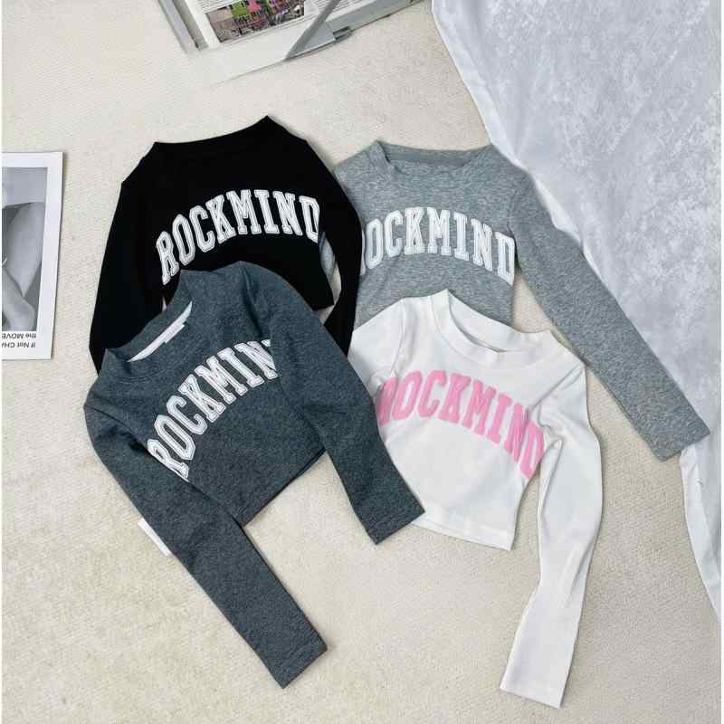 Tシャツ キッズ 女の子 長袖 子供服 ショート丈 ヒップホップ ダンス トップス レッスン着 綿 混紡 プリンセス袖 ラウンドネック アルファベット プリント 薄手 カジュアル スタイル