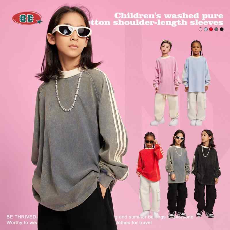 子供服 Tシャツ 長袖Tシャツ 男女兼用 インポート 秋冬 綿100％ 運動着 天ブルー 玫ピンク色 赤色 デニ..