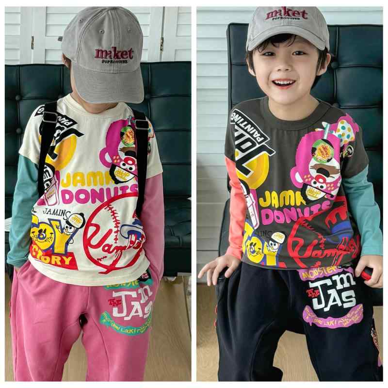 Tシャツ キッズ 長袖 春秋 男女兼用 子供服 トップス カットソー 丸首 コットン100% アプリコット ピン..