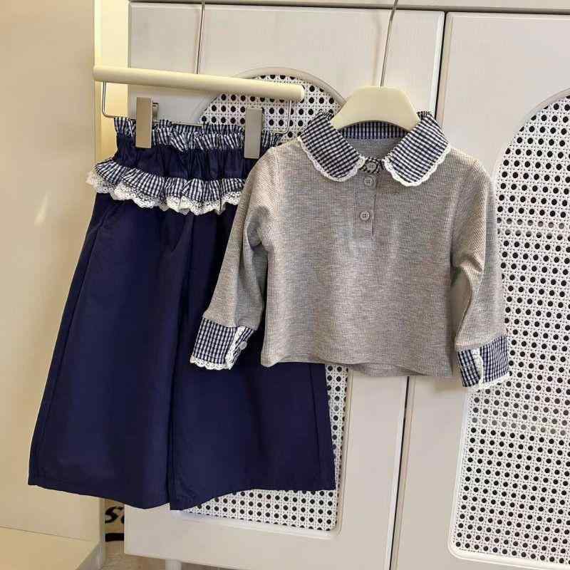 子供用セットアップ 長袖Tシャツ ワイドレッグパンツ 2点セット ガールズ 春秋 薄手 綿 無地 グレー 80..