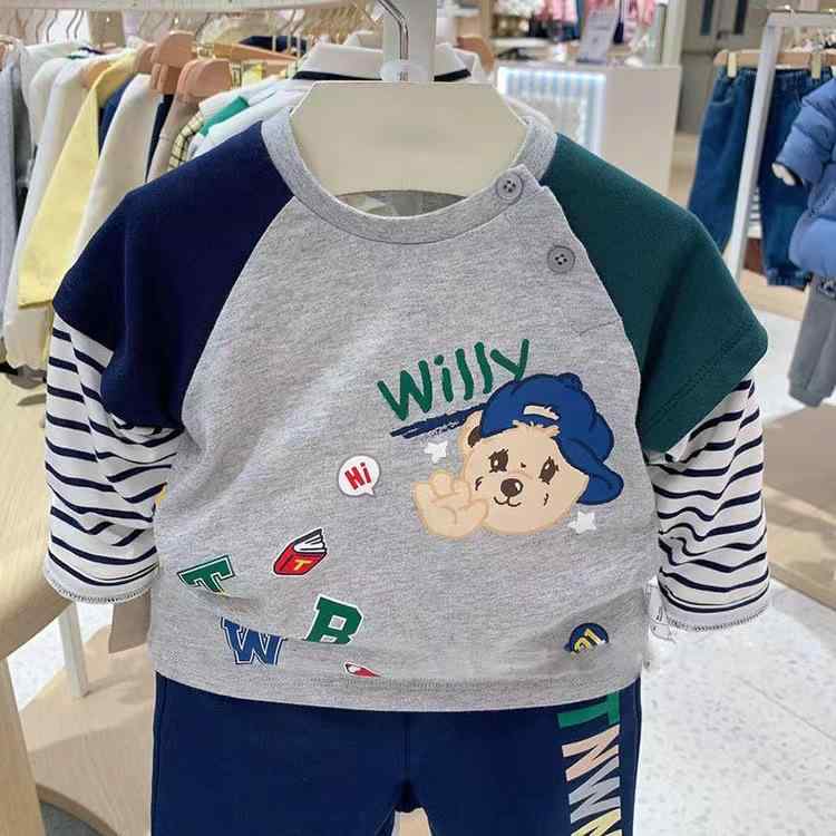 Tシャツ キッズ 男の子 春秋 長袖 ボーダー柄 クマ プリント 切り替え 100cm 110cm 120cm 130cm(4)