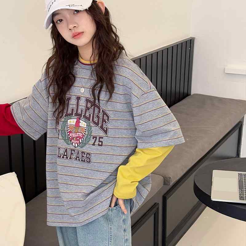 Tシャツ キッズ 長袖 春秋 子供服 女の子 ストライプ 切り替え トップス カットソー 吸湿速乾 120cm 13..