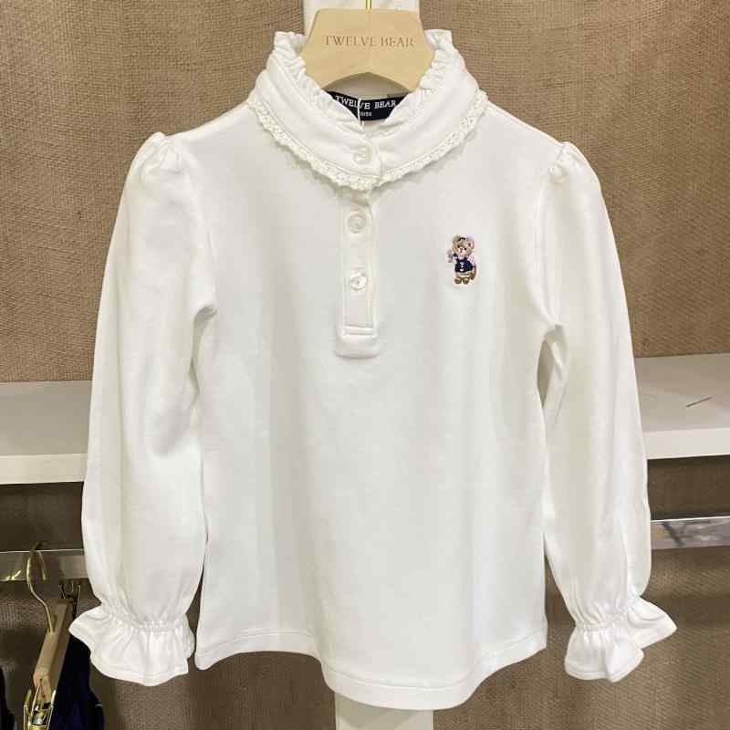 Tシャツ キッズ 女の子 ニット コットン 白 春秋 立襟 トップス カットソー 普段着 かわいい レース フ..